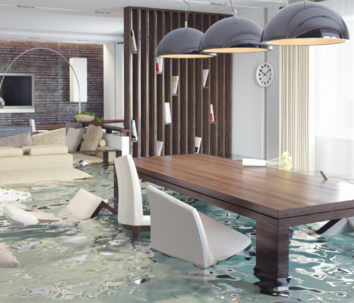 living / dining room with flooded water inside