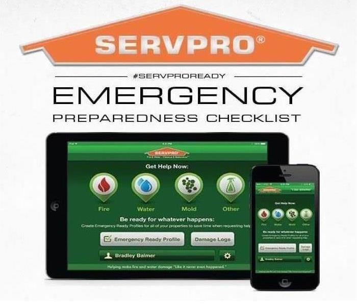 Pictures is an IPhone and IPad with the Emergency Ready Program app open. Along with the SERVPRO® house logo on top.