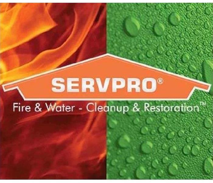 Water droplet and fire flame background with SERVPRO® house logo 