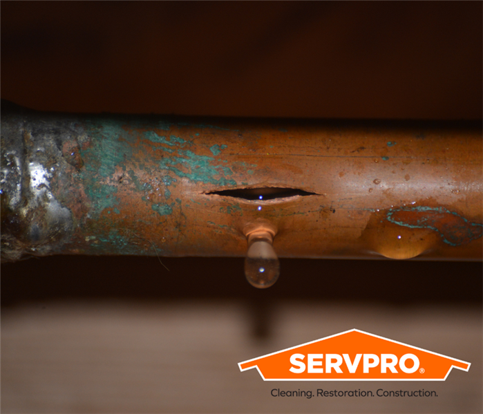 crack in pipe leading to water dripping out with SERVPRO logo